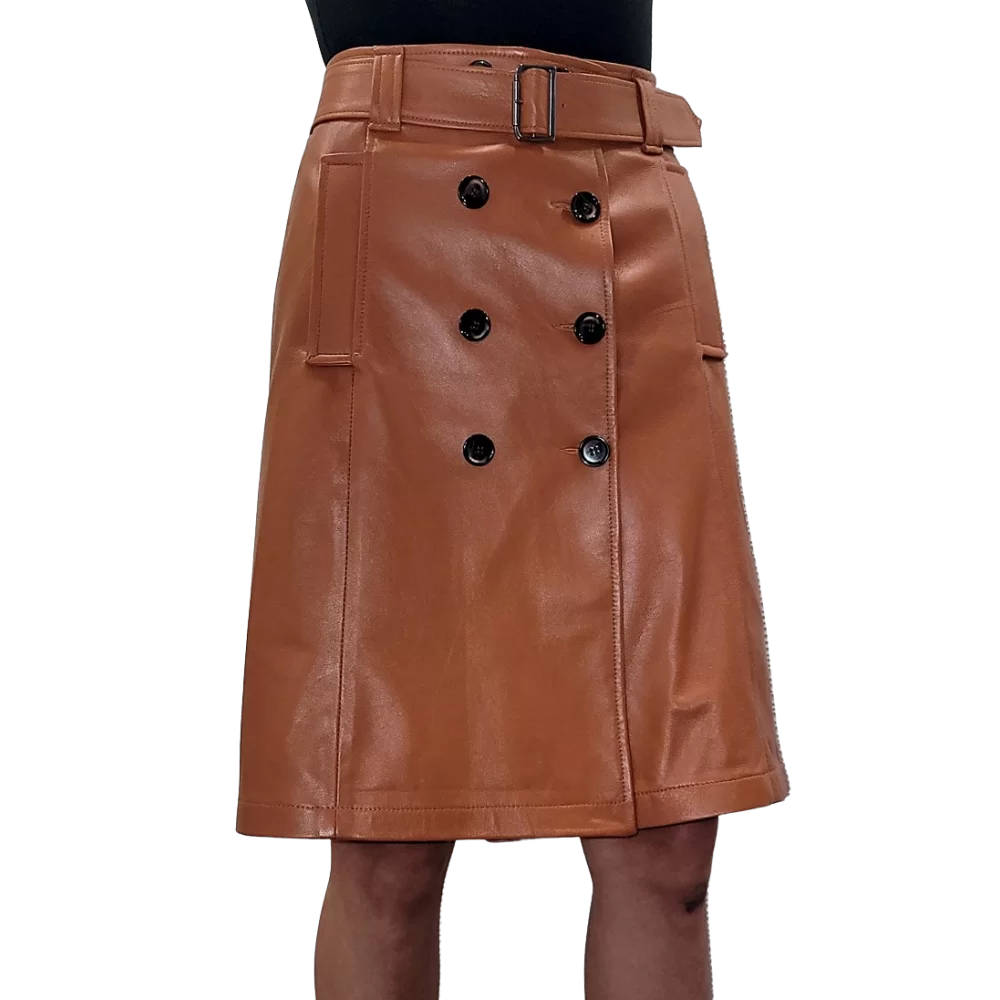 Jupe évasée cuir agneau plongé marron gold modèle Katrina