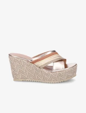Mules compensées à ganses croisées effet osier - Rose gold